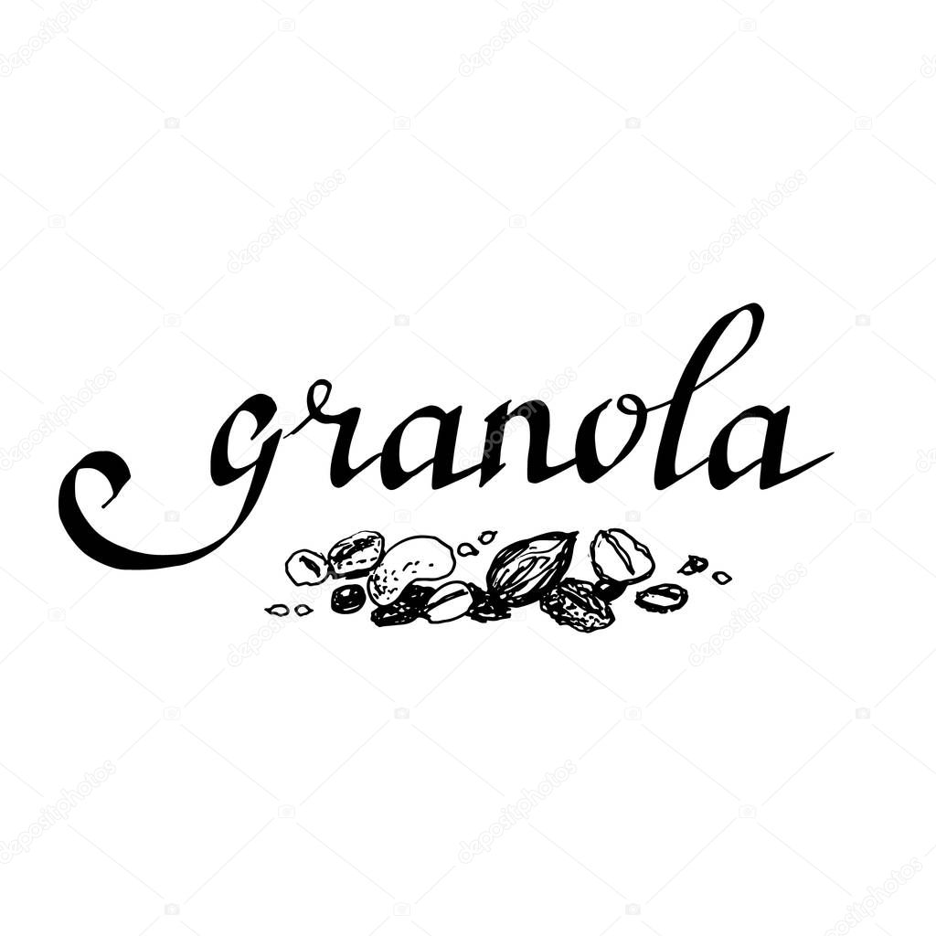 granola flakes illustration. lettering inscription 