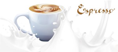 fincan espresso kahve kapuçino damla süt vektör 3d çizim