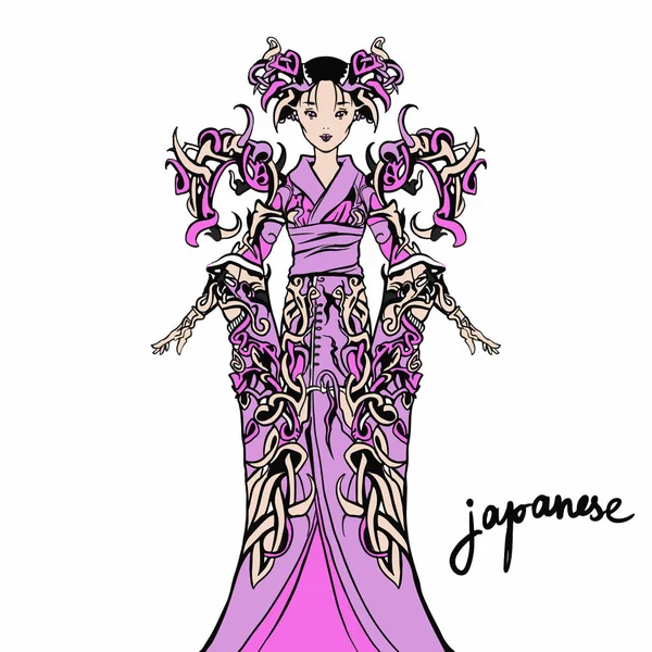 Mulher Japonesa Vetor Ilustração Fantasia Roupa Personagem —  Vetores de Stock