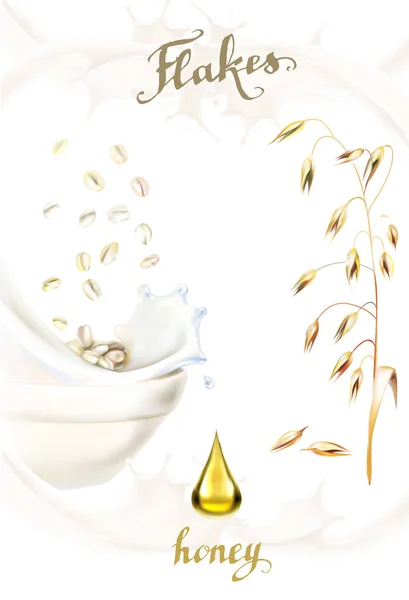 ミルク ベクトル イラストレーションのミルク蜂蜜の蜂蜜エンバク耳のフレークが値下がりしました — ストックベクタ