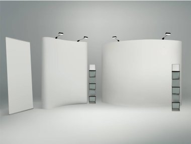 Kabin fuarı tasarım şablonu sergisi beyaz reklam yüzeyleri 3 boyutlu resimleme