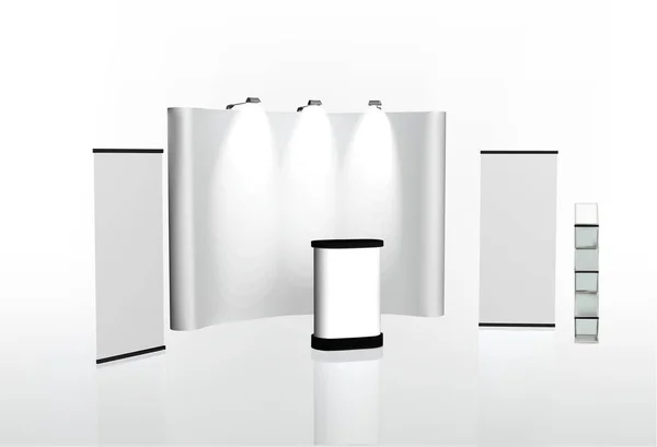 Kabin fuarı tasarım şablonu sergisi beyaz reklam yüzeyleri 3 boyutlu resimleme