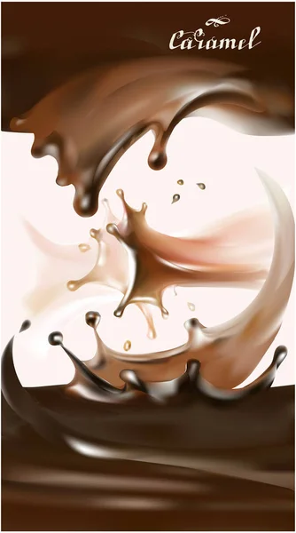 Csokoládé Karamell Tej Splash Drop Reális Elszigetelt Illusztráció Vektor — Stock Vector