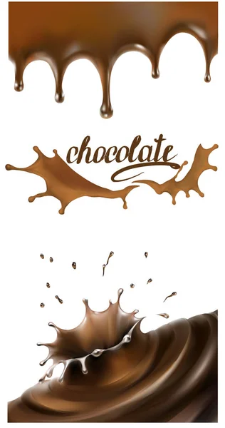 Молоко и шоколадный карамель какао йогурт брызги реалистичные — стоковый вектор