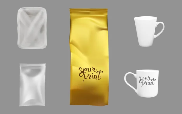 Συσκευασία από χρυσό και ασημένιο φύλλο, λευκές κούπες, πλαστική σακούλα άδεια. 3 — Διανυσματικό Αρχείο