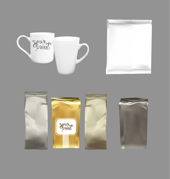 Embalaje de lámina de oro y plata, tazas blancas, bolsa de plástico vacía. 3. — Vector de stock