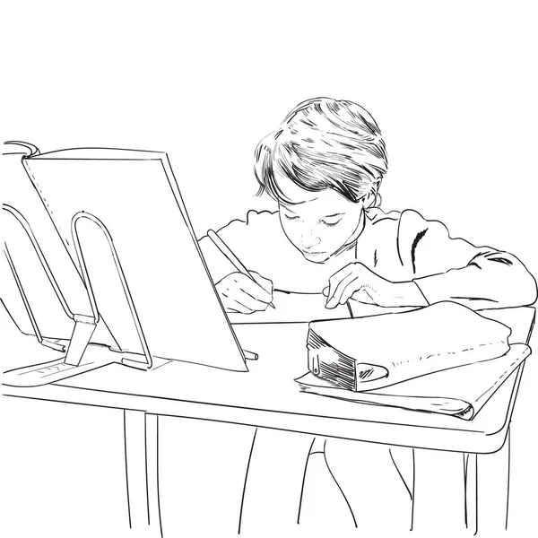 Niño Aprende Hacer Tarea Escribir Con Dibujo Libro Con Tinta — Vector de stock