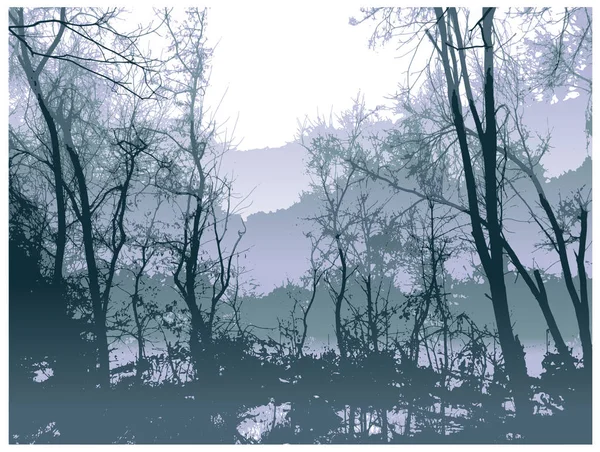 Misteriosa Floresta Inverno Ilustração Vetor Neblina — Vetor de Stock