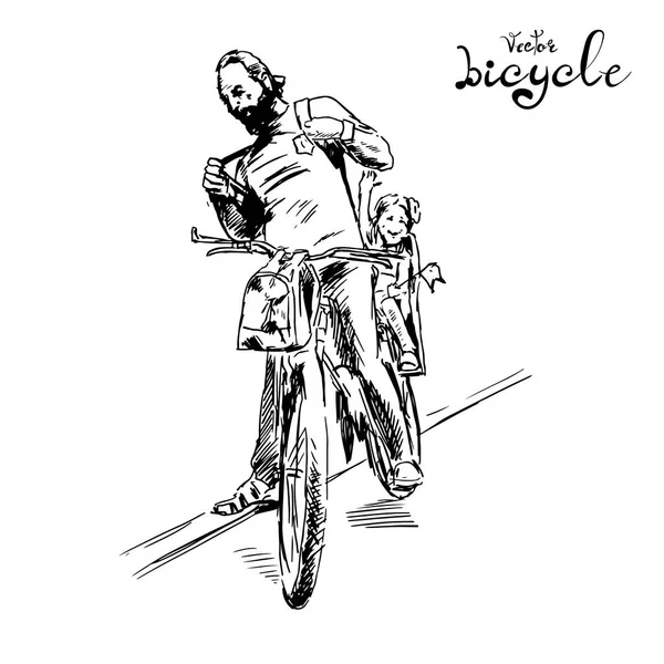 Хипстер мужчина с ребенком ездить на велосипеде, велосипедный стул иллюстрации — стоковый вектор