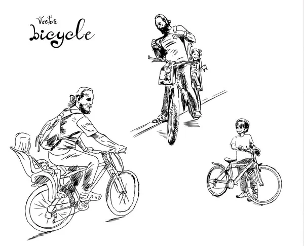 Хипстер мужчина с ребенком ездить на велосипеде, велосипедный стул иллюстрации — стоковый вектор