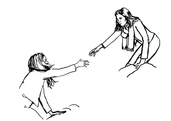 Woman holds out a hand to another woman help illustration vector — ストックベクタ