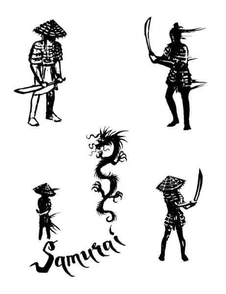 Самурайские Иконы Воинов Японские Векторные Иллюстрации — стоковый вектор