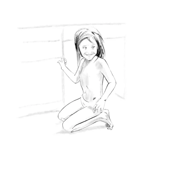 Cute Kid Black White Sketch — Stockfoto