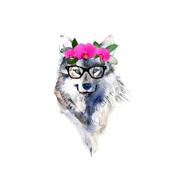 Illustration Loup Avatar Gravure Boho Aquarelle Tête — Photo