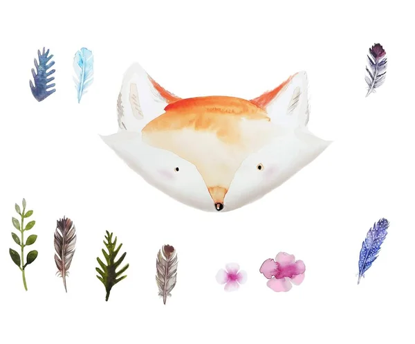 Watercolor Illustration Fox Floral Elements — Stock Photo, Image