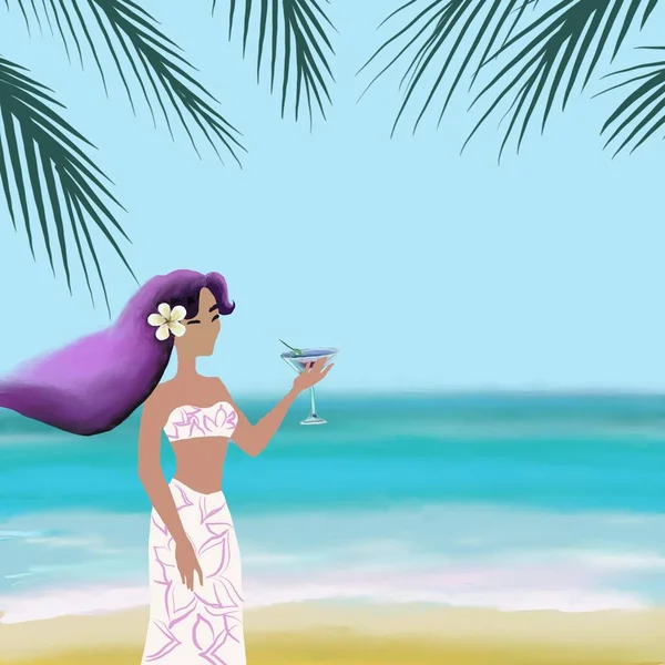 Beautiful Young Woman Cocktail Tropical Beach — Zdjęcie stockowe