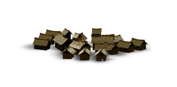 Vesnický Dům Doškovými Střechami Pozadí Vesnice Pro Hru — Stock fotografie