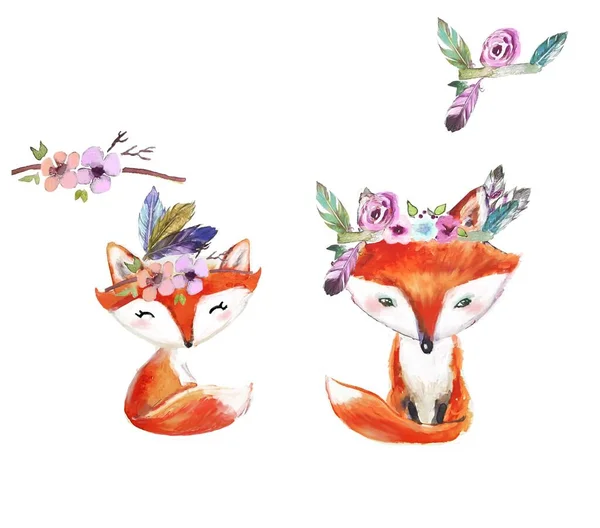 Fox Flowers Illustration Boho Illustration — Stock Photo, Image