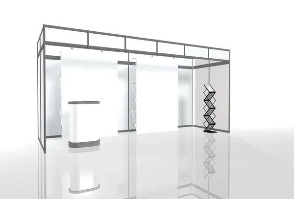 Trade exhibition stand, Exhibition round, 3D rendering visualization of exhibition equipment, Advertising space on a white background, with space for text ads