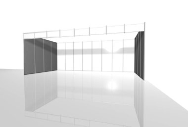 Ticaret standı, sergi dairesi, sergi ekipmanlarının 3 boyutlu görüntülenmesi, beyaz arka planda reklam alanı, metin reklamları için yer, sergi standı, sergi yuvarlak, 3D görselleştirme 