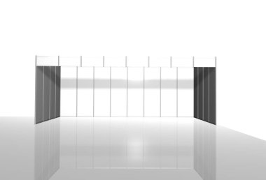 Ticaret standı, sergi dairesi, sergi ekipmanlarının 3 boyutlu görüntülenmesi, beyaz arka planda reklam alanı, metin reklamları için yer.