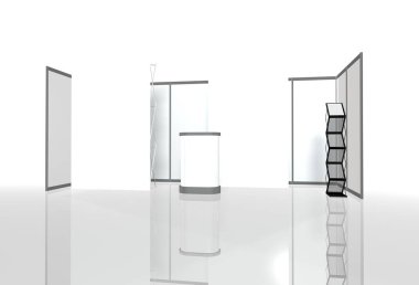 Ticaret standı, sergi dairesi, sergi ekipmanlarının 3 boyutlu görüntülenmesi, beyaz arka planda reklam alanı, metin reklamları için yer.