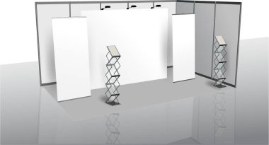 Ticaret standı, sergi dairesi, sergi ekipmanlarının 3 boyutlu görüntülenmesi, beyaz arka planda reklam alanı, metin reklamları için yer. 