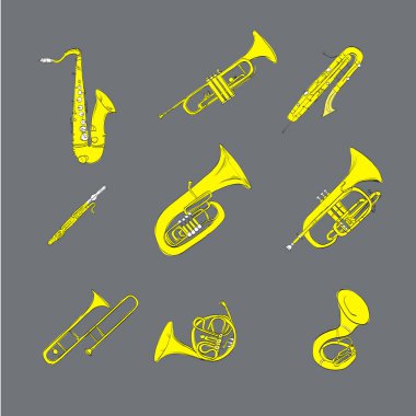 Bir grup müzik aleti saksafon ve flüt trompet ikonları baskı