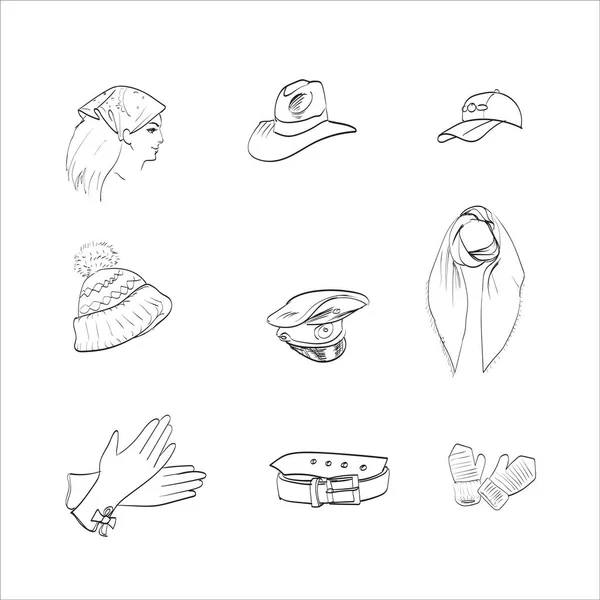 Vector Set Black White Icons Cartoon Accesories — Stock vektor