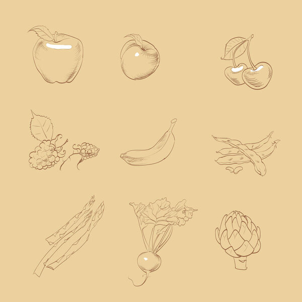 set of icons vegetables fruits set engraving