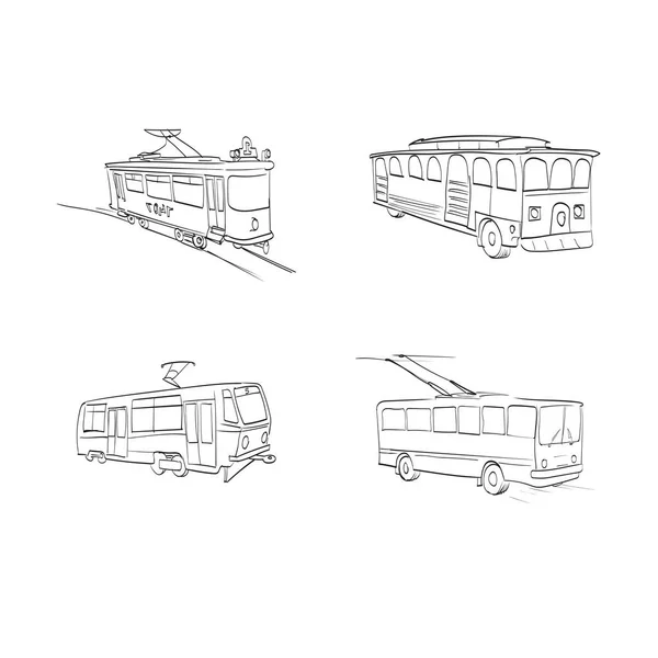 Tramwajowy Autobus Trolejbus Technika Ikony Zestaw Grawerowanie Ilustracja — Wektor stockowy