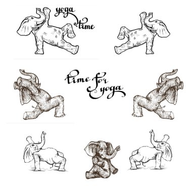 Farklı yoga egzersizleri yapan fil, güç ve sağlık vektörünün sembolüdür..