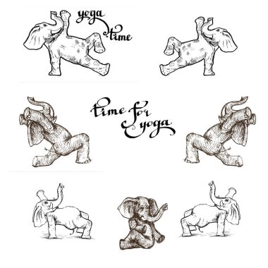 Farklı yoga egzersizleri yapan fil, güç ve sağlık vektörünün sembolüdür..