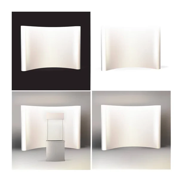 展示会スタンド 展示会ラウンド 展示機器の3Dレンダリング可視化 テキストのためのスペースを持つ白い背景に広告スペース — ストックベクタ