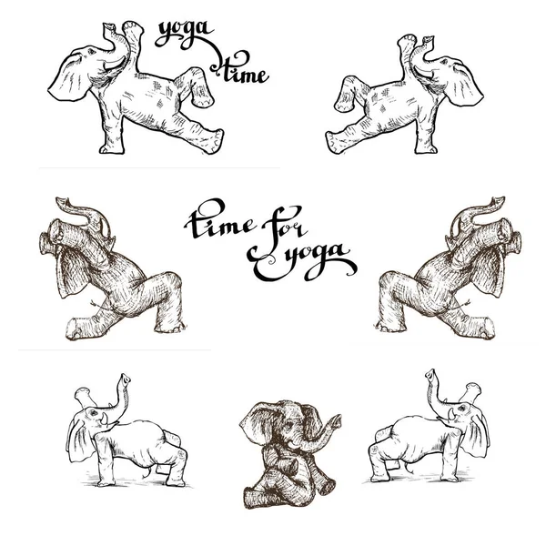 Farklı yoga egzersizleri yapan fil, güç ve sağlık vektörünün sembolüdür..