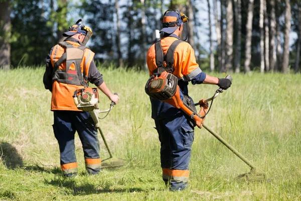 Zwei Landschaftsgärtner Männer Gärtner Rasenmähen Mit Saitenrasenschneider — Stockfoto