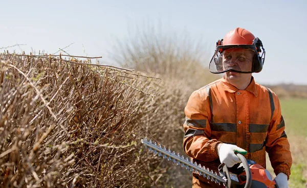 Concetto Casa Giardino Potatura Arbusti Operaio Paesaggista Uniforme Con Attrezzatura — Foto Stock