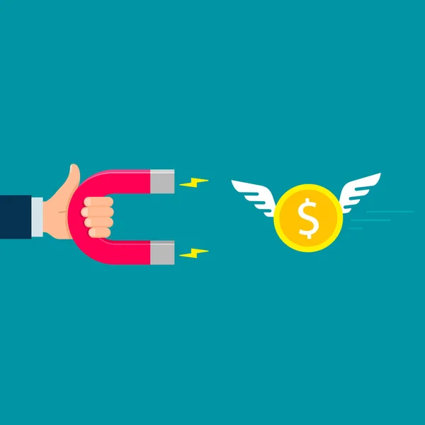 Hand Magnet Attracting Flying Money Investments Icon Flat Design Vector — Stock Vector