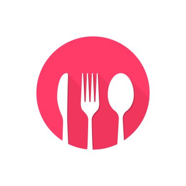 Çatal bıçak ve kaşık ikonu. Daire şeklinde uzun gölgesi var. Vektör izole düz tasarım çizimi.