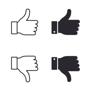 Simge seti gibi. Sosyal ağ için kullanıcı geribildirim için yukarı ve aşağı şeklinde başparmak işareti. Vektör izole illüstrasyonu.