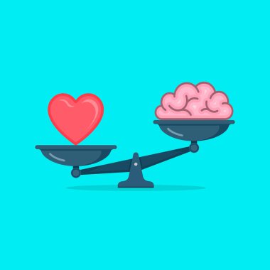 Heart and brain on scales vector illustration. Balance, love, mind, intelligence, logic concept colorful concept illustration. clipart