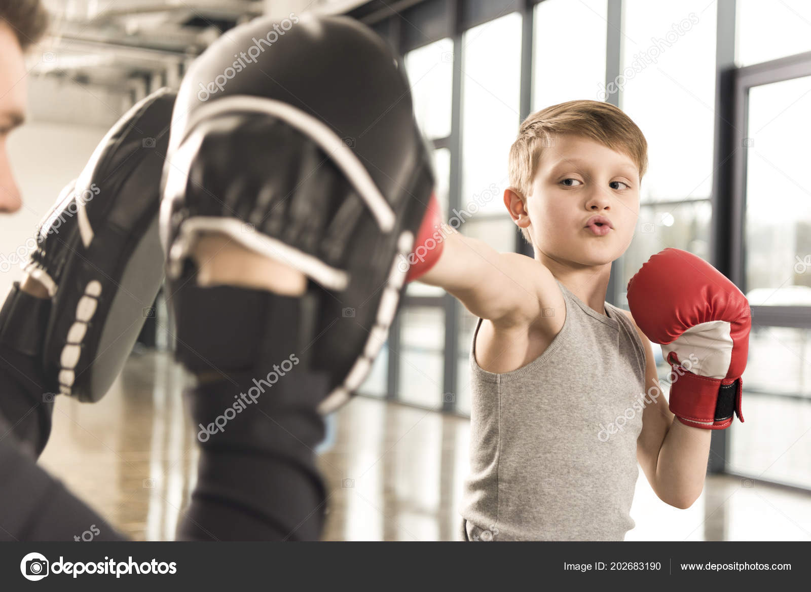 Little Boxer Kid Practicing Punches Coach Gym — Stock Photo