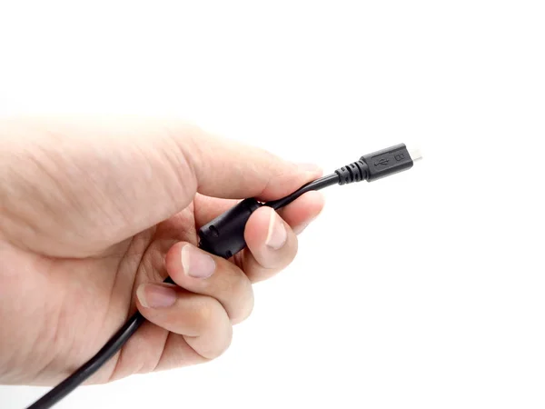 Hand Hält Usb Kabel Isoliert Auf Weißem Hintergrund — Stockfoto