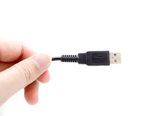 Tenuta Mano Cavo Usb Isolato Uno Sfondo Bianco — Foto Stock