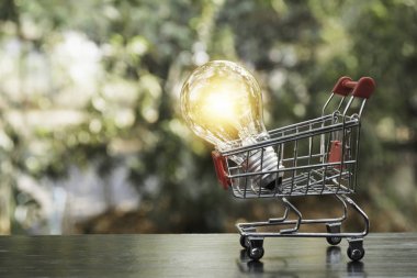 Finans ve alışveriş kavramı ve kopya alanı Ekle metin için enerji tasarruflu ampul ile alışveriş sepeti.