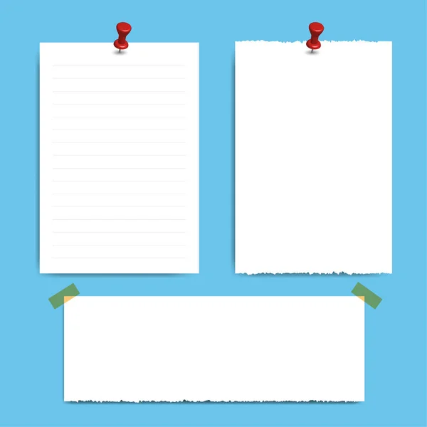 Páginas de bloco de notas quadrado em branco e pin. Papel de nota preso com p vermelho — Vetor de Stock