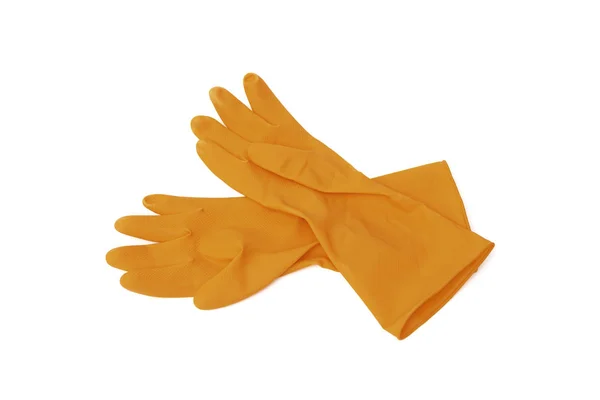 Gros plan deux gants en caoutchouc orange isolés sur fond blanc — Photo