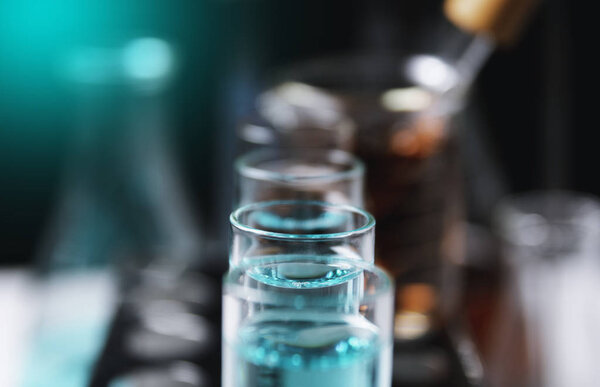 Glass laboratory chemical test tubes with liquid for analytical 