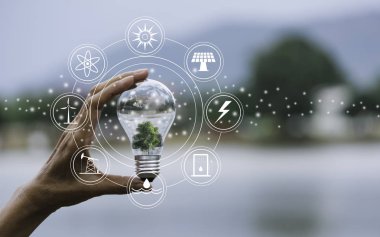 Yenilik ve enerji kavramı el bir ampul ve kopya tutun