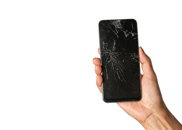 Mano Tenendo Touch Screen Rotto Smartphone Percorso Ritaglio Isolato Sfondo — Foto Stock